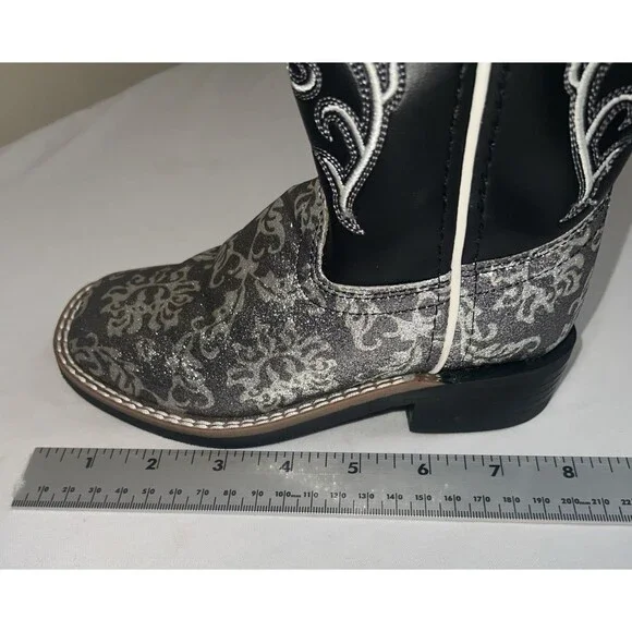 OLD WEST KIDS SQUARE TOE BLACK METALLIC SILVER BOOTS SIZE 11 - Picture 14 of 14